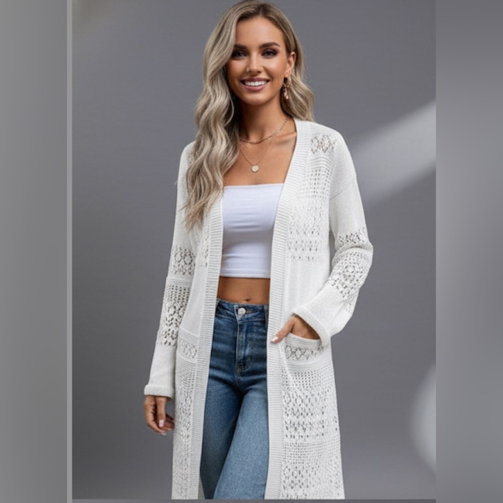 Pointelle Knit Open Front Cardigan White